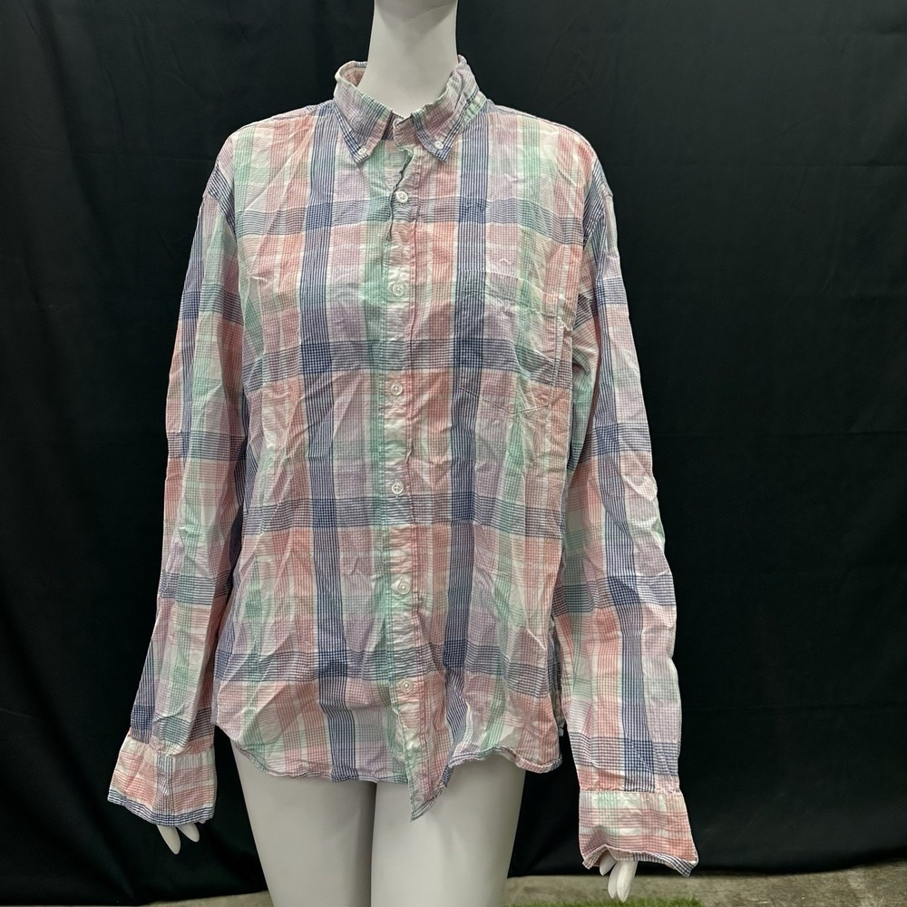 J Crew Shirt Pastel Men's Button Up Shirt XL Slim Fit Flex Washed Plaid Untucked